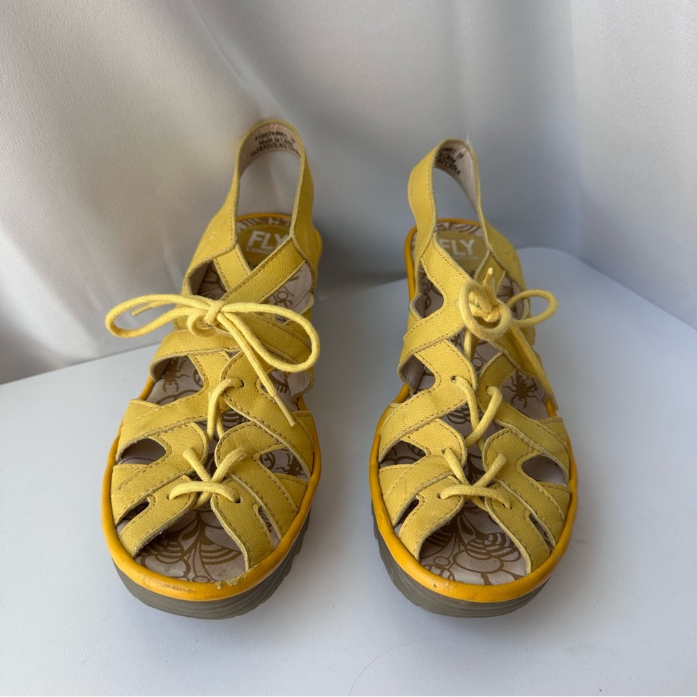 Fly London (EUR 39) Yellow Lace Up Leather Wedge Sandals- Slingback